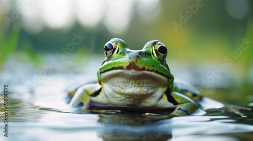 A green frog, a quintessential amphibian, peacefully resides within the gentle waters of a serene lake or river, nestled amidst the lush embrace of nature. © Evgeniia
