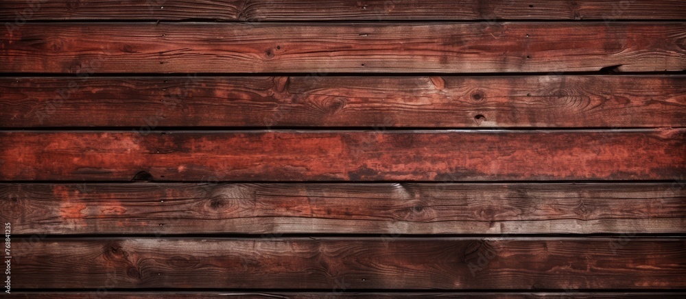 A close-up view of weathered wooden boards that have been painted with a red-brown hue, creating a rustic and aged appearance. The wooden wall showcases a rich and warm color with visible texture and A close-up view of weathered wooden boards that have been painted with a red-brown hue, creating a rustic and aged appearance. The wooden wall showcases a rich and warm color with visible texture and