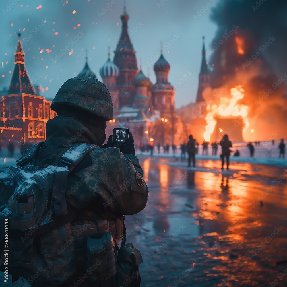 War in battlefield. Digital Art Illustration Painting. a soldier takes a picture by a burning moscow