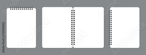 se of spiral bound notebook mockups, open blank sketchbook, template or mock up for your sketch, vector illustration, grey background