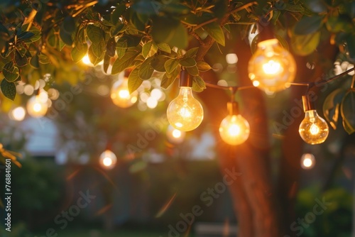 Outdoor lighting garden design. Hanging strings of bulbs background