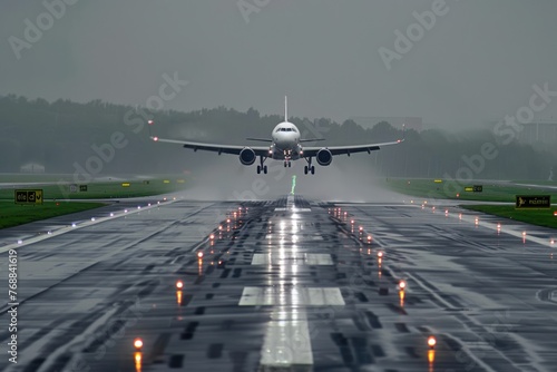Passenger airplane takes off from the runway during rain