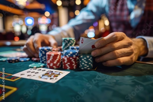 Poker player with playing cards and chips at a casino table in casino photo