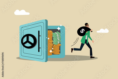 Financial theft, Digital hacking, economic fraud, a young thief stealing from a cow with coins and bills