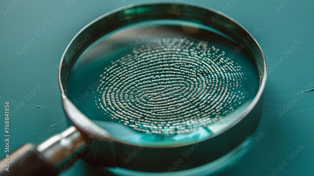 Evidence, green finger print covered by a magnifying glass Evidence, green finger print covered by a magnifying glass