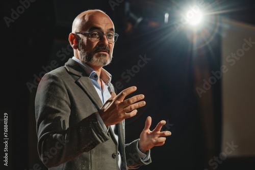 Portrait of a man professor presenting on a stage