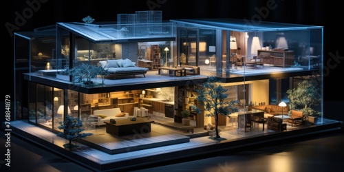 Three-dimensional House Model Displayed in Darkness Generative AI © Johnathan