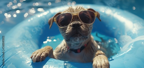 happy puppy dog with sunglasses photo