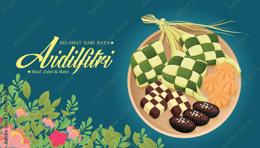 Fototapeta premium Hari Raya Aidilfitri background design with ketupat. Malay means Fasting day celebration, I seek forgiveness, physically and spiritually. 