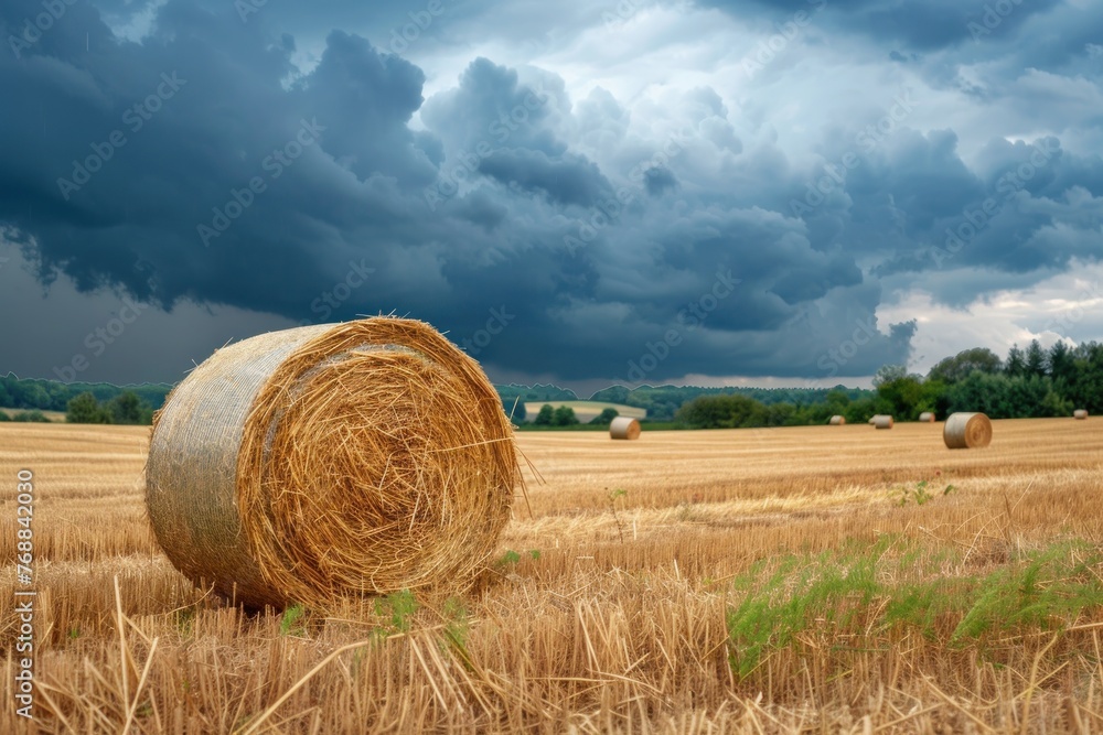 Round straw bales on farmland rain storm