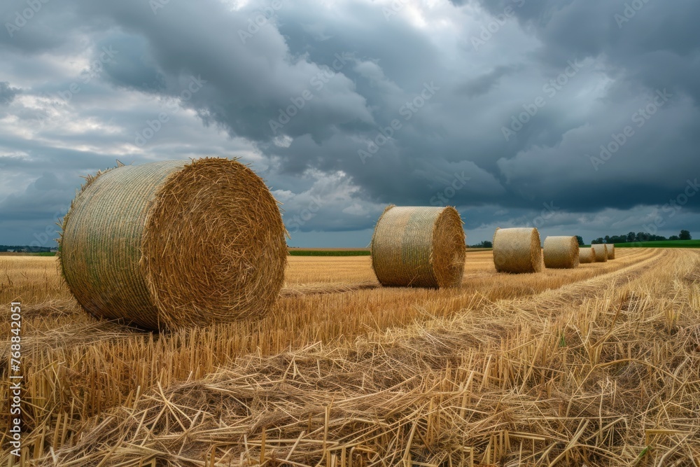 Round straw bales on farmland rain storm