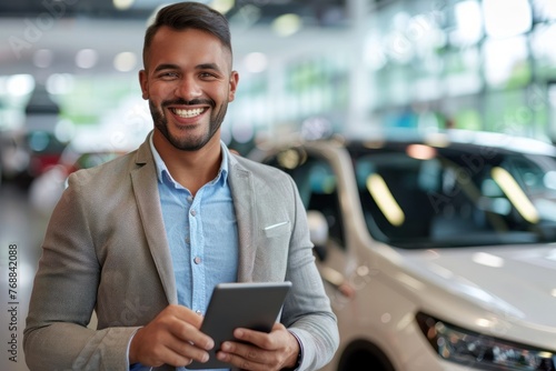 Sales man at a car showroom, holding tablet and smiling to the camera © Igor