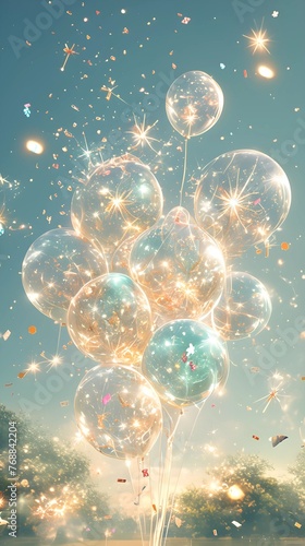 Vibrant, confetti-filled balloons floating against a bright blue sky, symbolizing a joyful and festive celebration invitation. 