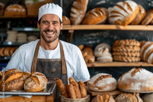 Smiling baker with a tray of fresh bread photo