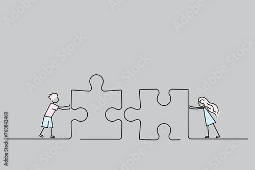 teenage connection, boy and girl pushing forward giant puzzle pieces, cartoon characters building a puzzle, teamwork, teen love matches, sketch style vector illustration