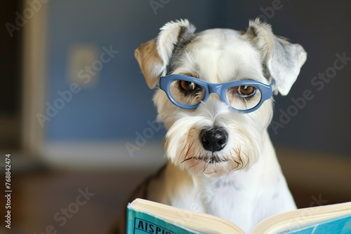 schnauzer with thickrimmed glasses, reading a novel