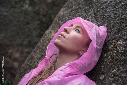 Woman in the taiga forest a...