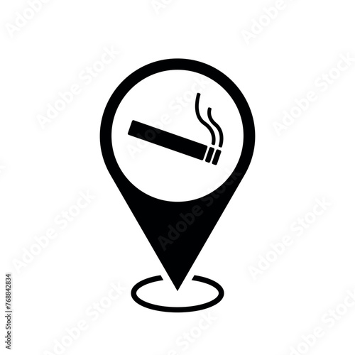 smoking area location map pointer, cigarette icon with location pin, black symbol isolated on white background, vector marker, smoking zone sign