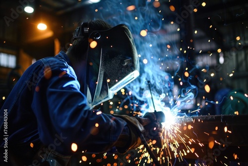 Worker welder performing arc welding