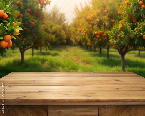 wooden tawooden table on the background of orange treesble over orange trees © Robert