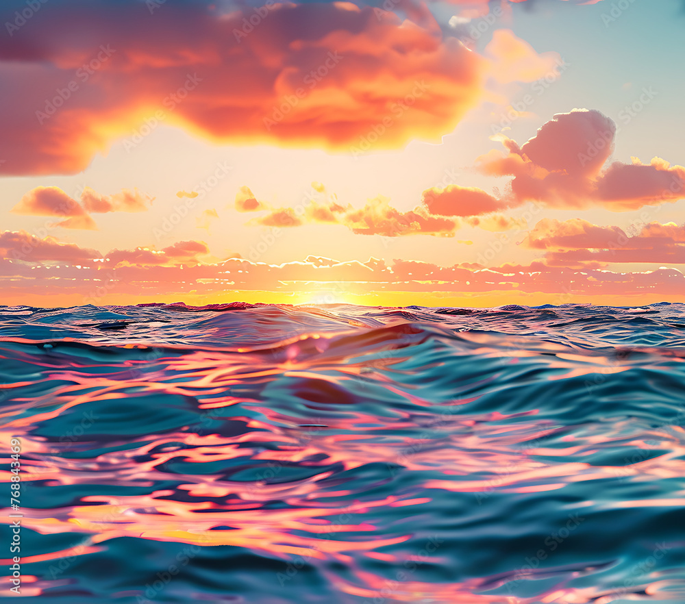 Sea sunset waves. Ocean view with sunset.
