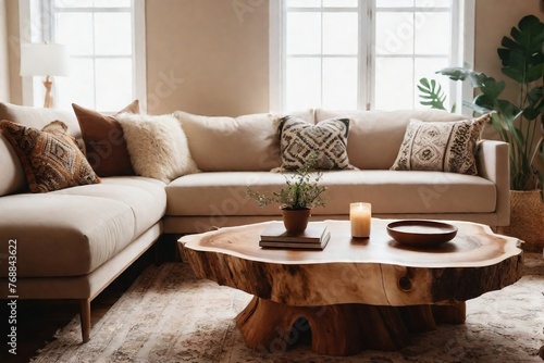 Boho-style living room interior design with a beautiful live edge table and comfortable sofa. Room with live edge table or wooden table concept.