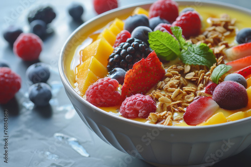 A vibrant smoothie bowl topped with leftover fruit salad honey and crunchy granola for a refreshing postholiday breakfast  photo