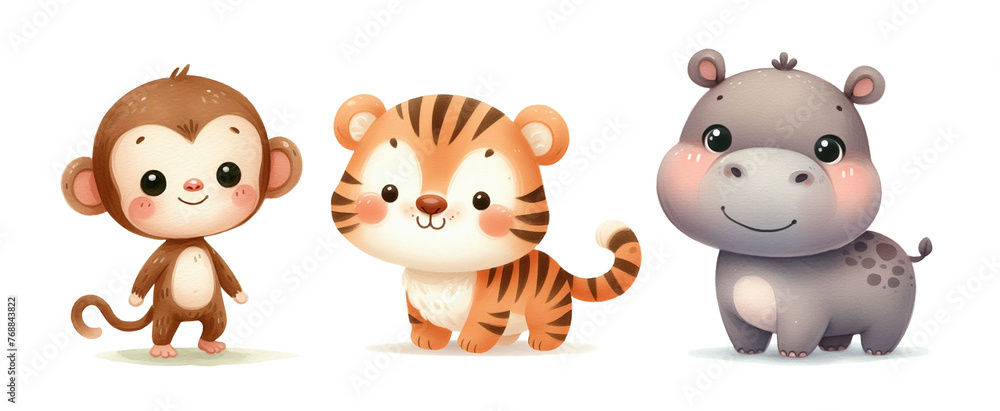 Fototapeta premium Cute Safari Friends. Monkey, Tiger, Hippo. Watercolor Illustration. Isolated on white background. Generative AI. 