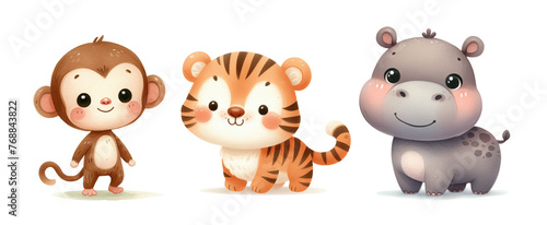 Cute Safari Friends. Monkey, Tiger, Hippo. Watercolor Illustration. Isolated on white background. Generative AI. 							