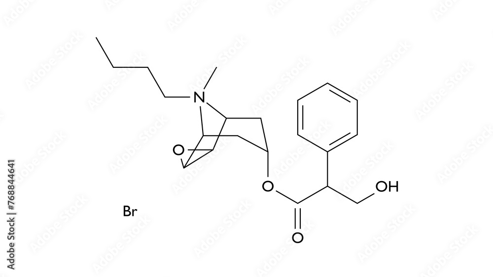 hyoscine butylbromide molecule, structural chemical formula, ball-and ...