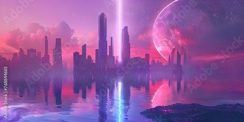 Surreal Futuristic Cityscape with Energy Beam Tower and Intergalactic Planet Landscape. Concept Surreal Cityscape, Futuristic Design, Energy Beam Tower, Intergalactic Planet Landscape