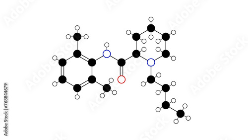 bupivacaine molecule, structural chemical formula, ball-and-stick model, isolated image marcaine