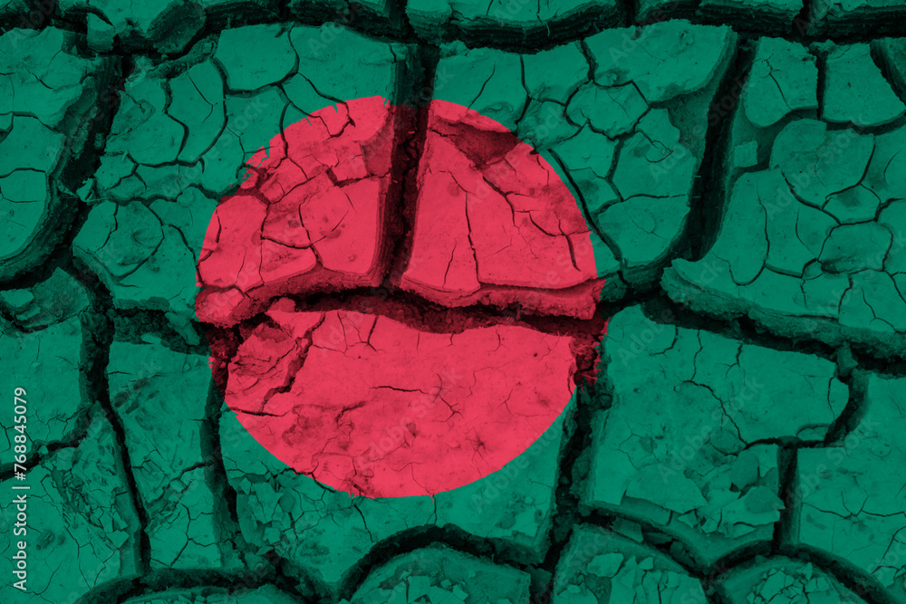 Dry soil pattern on the flag of Bangladesh. Country with drought concept due to climate change. Water problem. Dry cracked earth country.