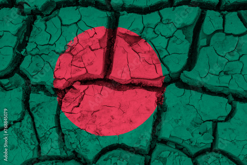 Obraz na płótnie Dry soil pattern on the flag of Bangladesh. Country with drought concept due to climate change. Water problem. Dry cracked earth country. w salonie