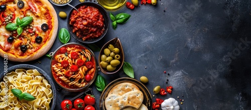 Mediterranean food  pasta  pizza  olives  and antipasto. Flat lay with room for text.