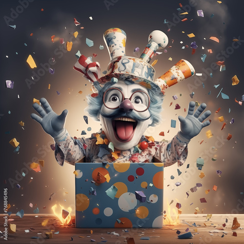 Jack in the Box with confetti, jester hat. April fool day concept 