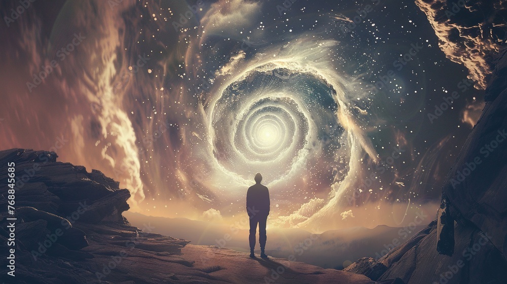 Fototapeta premium Explorer silhouette, looking at a hole in space-time