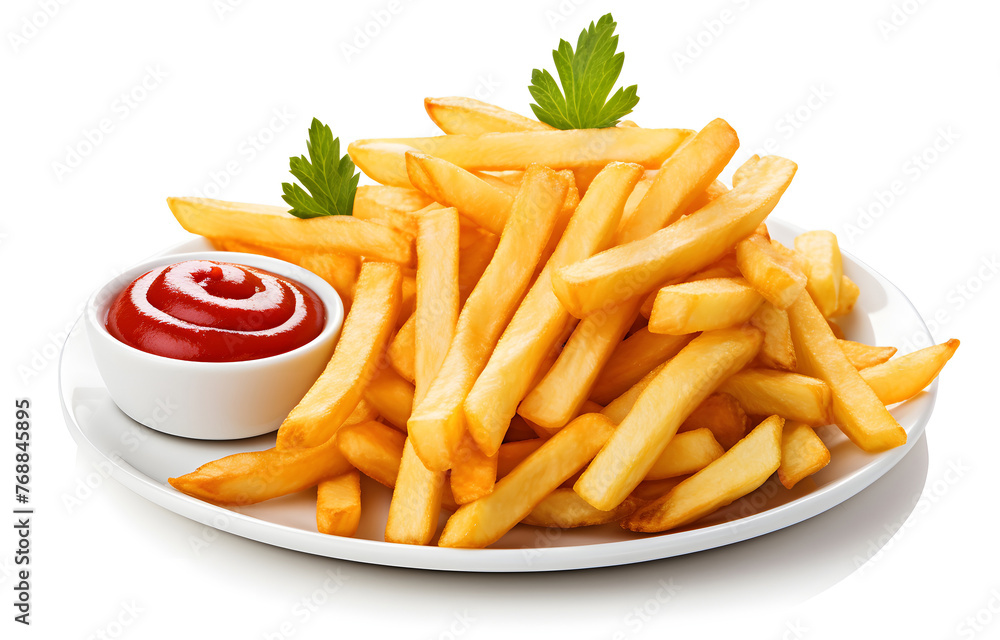 Wooden plate of delicious french fries with ketchup on white bac Wooden plate of delicious french fries with ketchup on white bac
