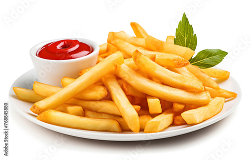 Wooden plate of delicious french fries with ketchup on white bac