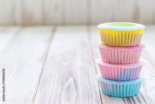 stack of pastel silicone cupcake molds on a white wooden table © studioworkstock
