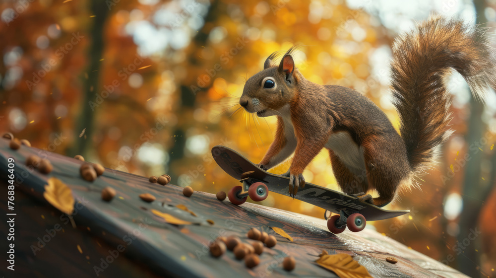 Obraz premium A whimsical scene where a squirrel is captured in motion, skateboarding down a ramp among autumn leaves and acorns