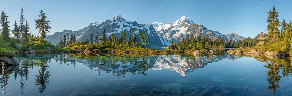 panoramic view of Mount Shuksan and snow capped peak reflecting in the clear blue water lake surrounded by pine trees