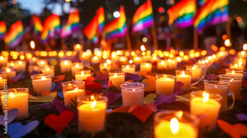 Candlelight vigil with rainbow flags at dusk