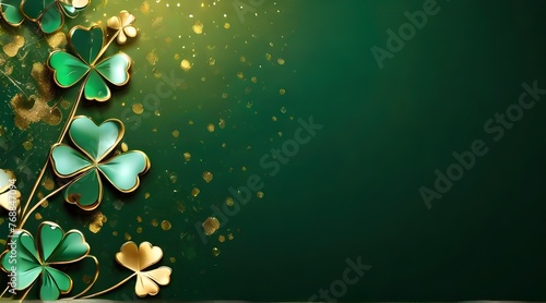 Emerald and gold abstract pattern sparkles with sparkling magic and is accented with delicate shamrocks, leaving plenty of room for your holiday message. St. Patrick's Day concept poster background. 