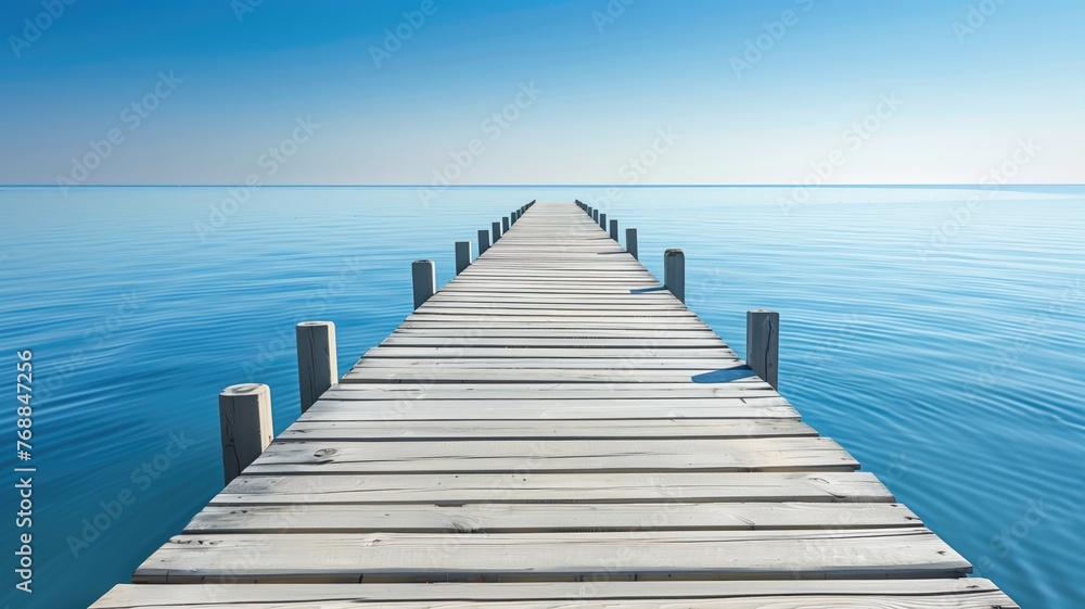Endless wooden pier extending into a calm blue ocean under clear sky