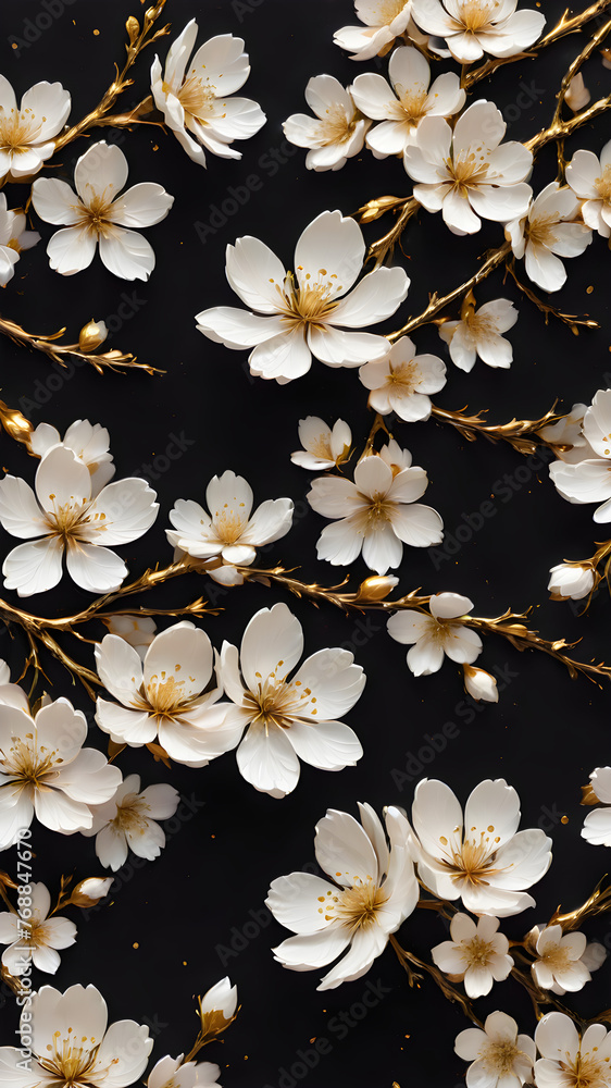Delicate white frangipani flowers, like springtime blossoms, stand out against a dramatic black background