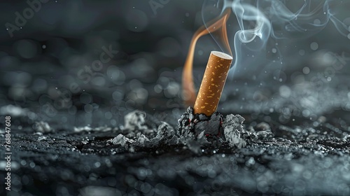 closeup of a cigarette burning on the ground, smoke rising from it, copy space concept for World No Tobacco Day