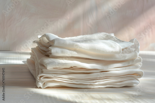 A stack of crisp white linen napkins neatly folded on a light wooden table against a background of muted pastel colors