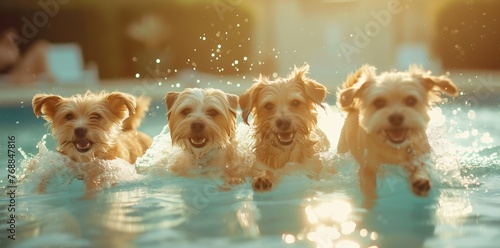  cute dogs swimming and play in the swimming pool