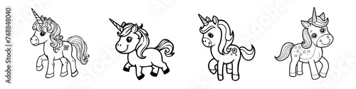 Four Unicorn Character Vector  Coloring Book Page  Colouring page outline of cute unicorn  Sketch  Drawing White Background